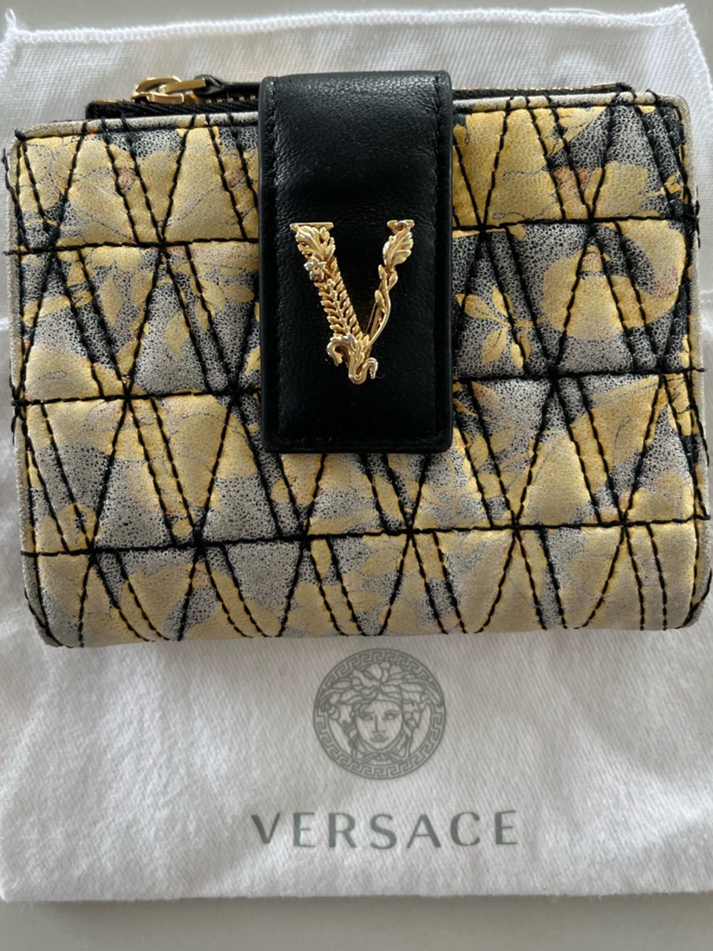 Versace Virtus Quilted Compact Wallet Black & Yellow Floral with Gold Hardware
